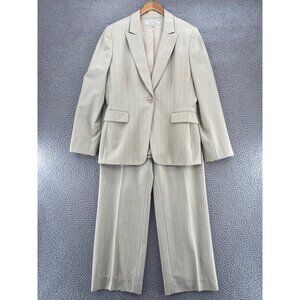 Tahari Suit Set Womens 12 Beige Pin Stripe Peak Lapel Pockets Office Career Work